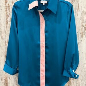 Women's Teal and Pink Button-Up Top